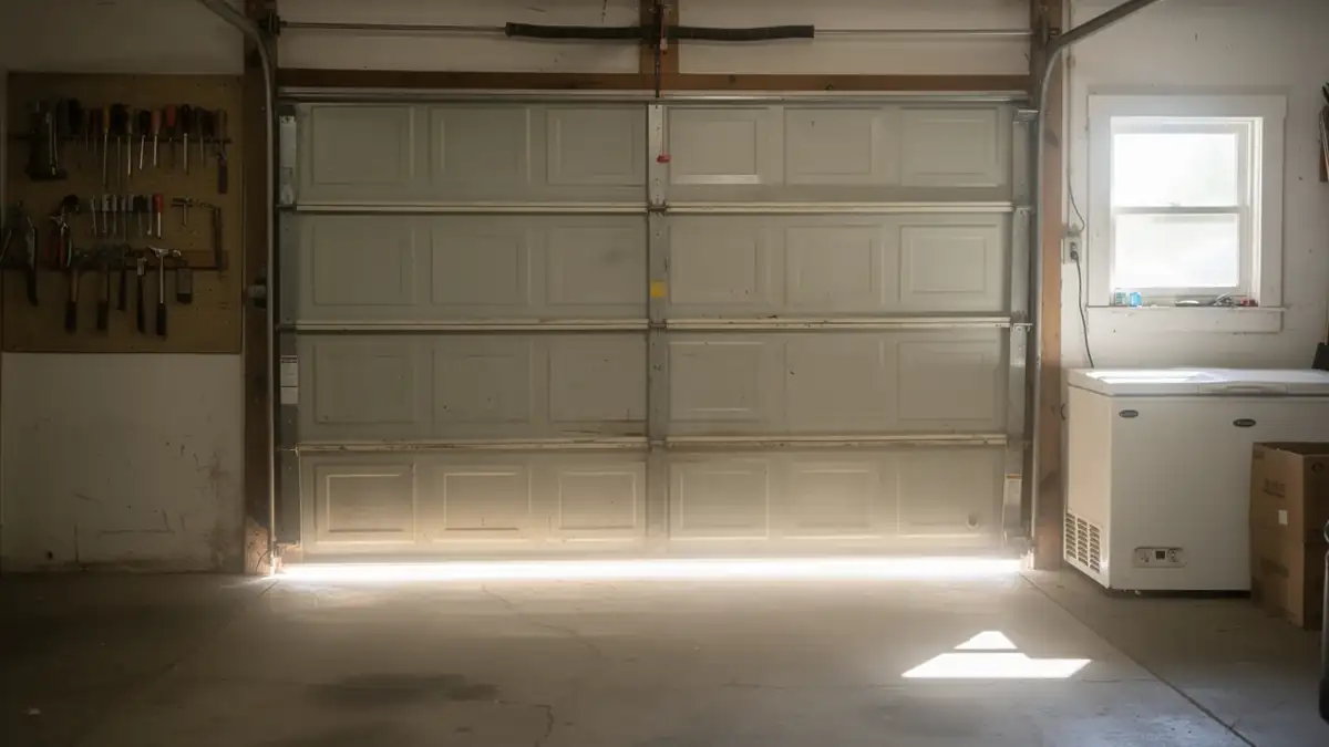 A closed garage door with a bright line of light at the bottom.