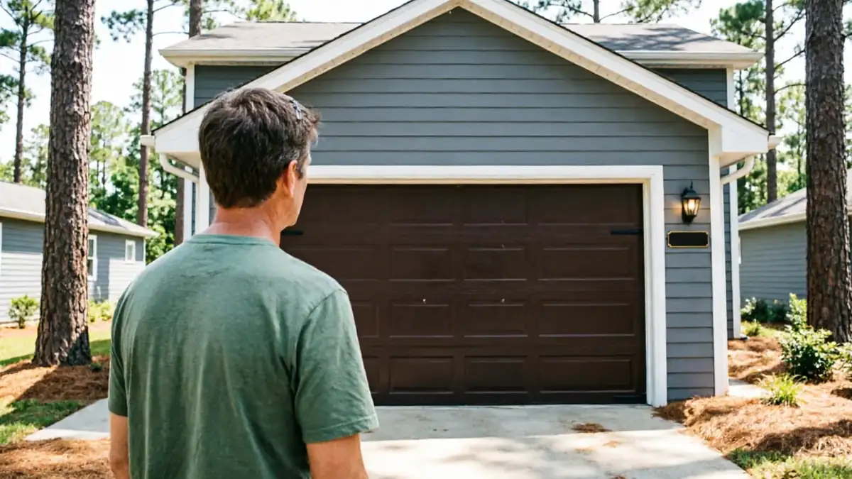 A man in a green shirt stands facing a brown garage door on a gray house.