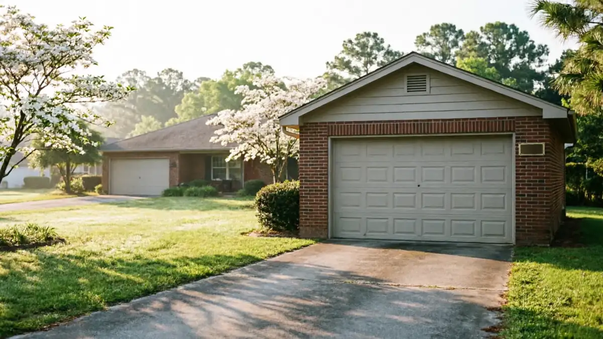 A brick garage with a light-colored garage door and a house in the background.