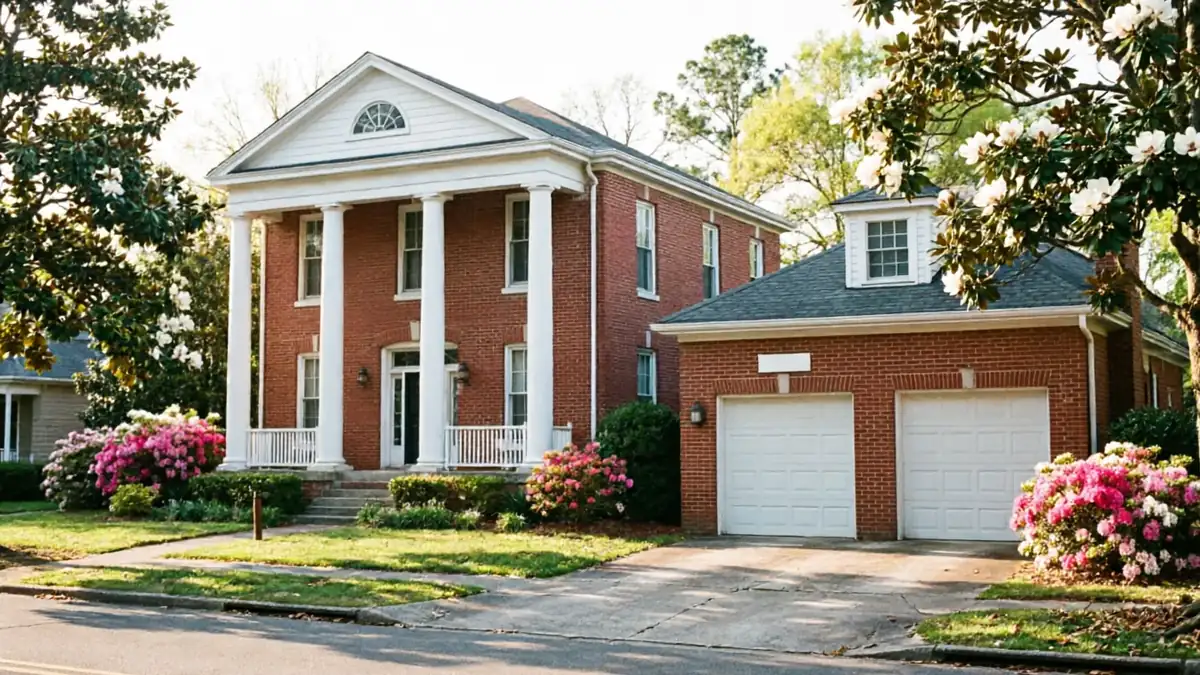 A large brick house with white columns and two white garage doors.