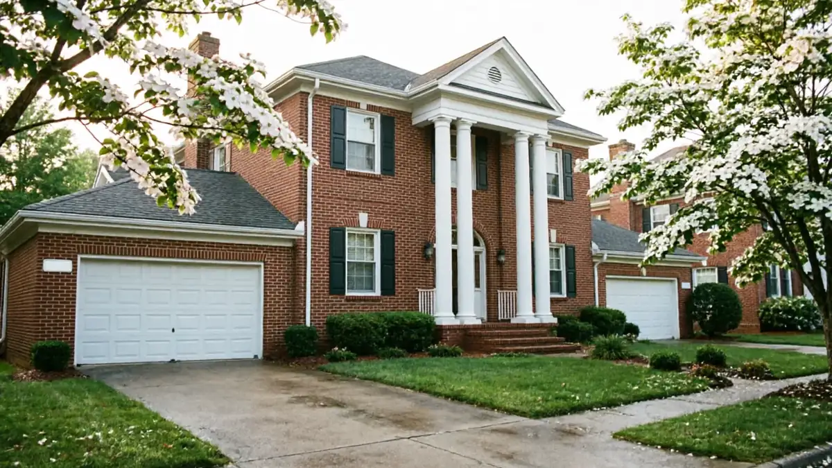 A large brick house with two white garage doors and flowering trees.