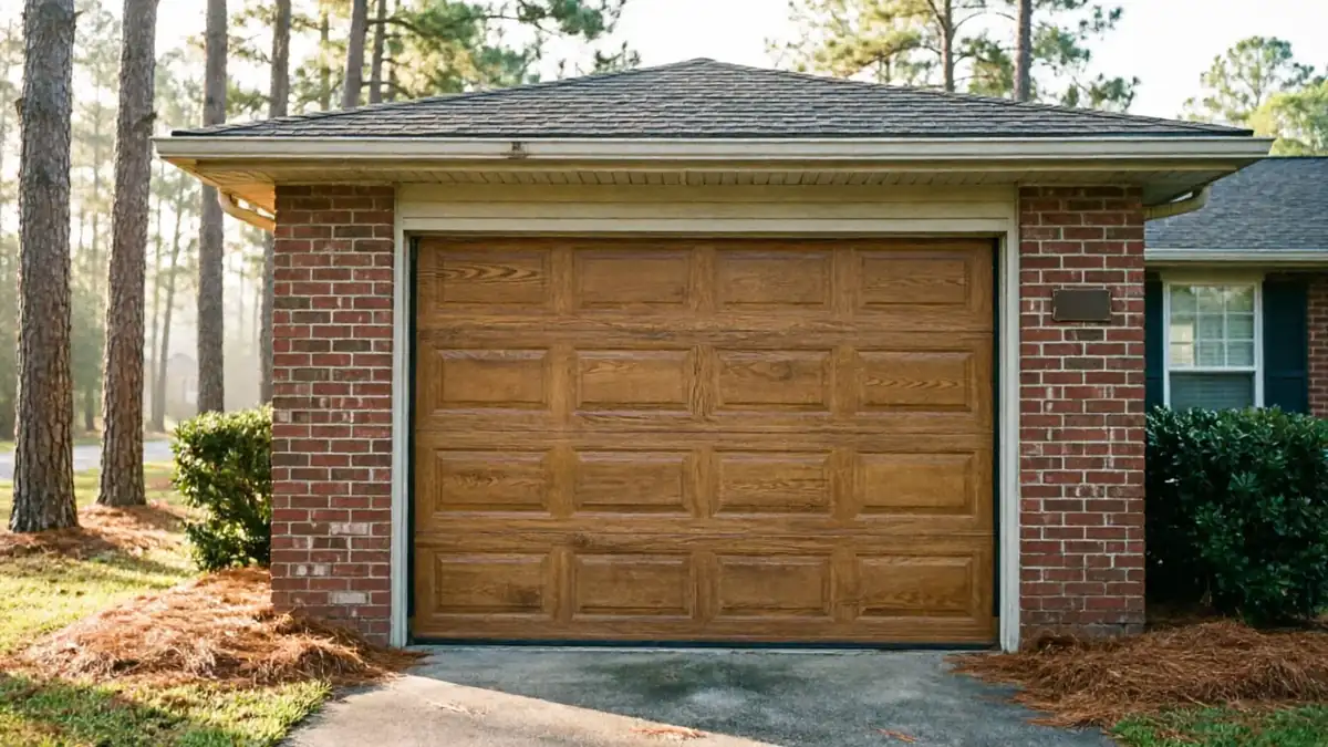 A brown paneled garage door is on a red brick house.