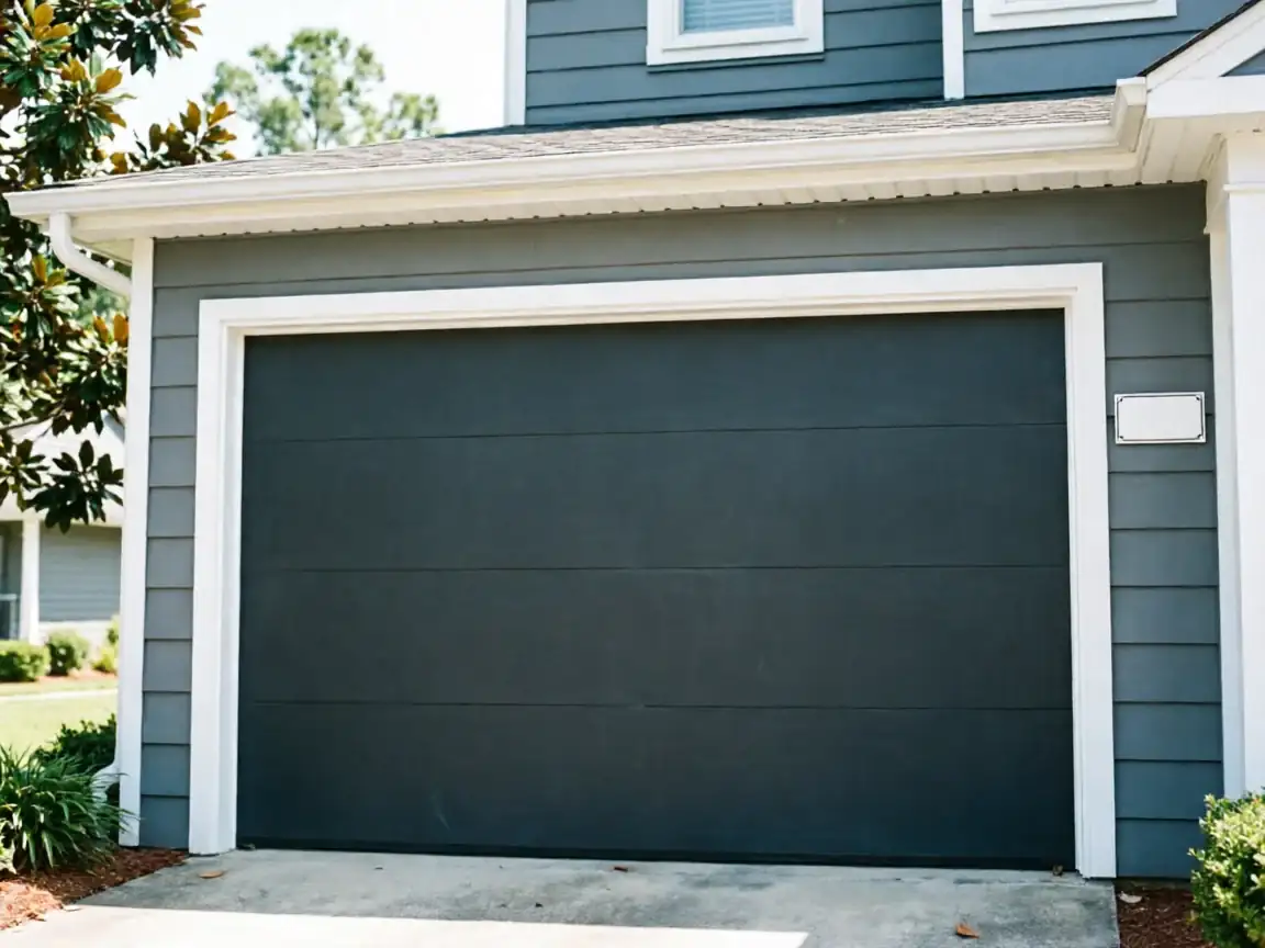 The house has a dark gray garage door with white trim.