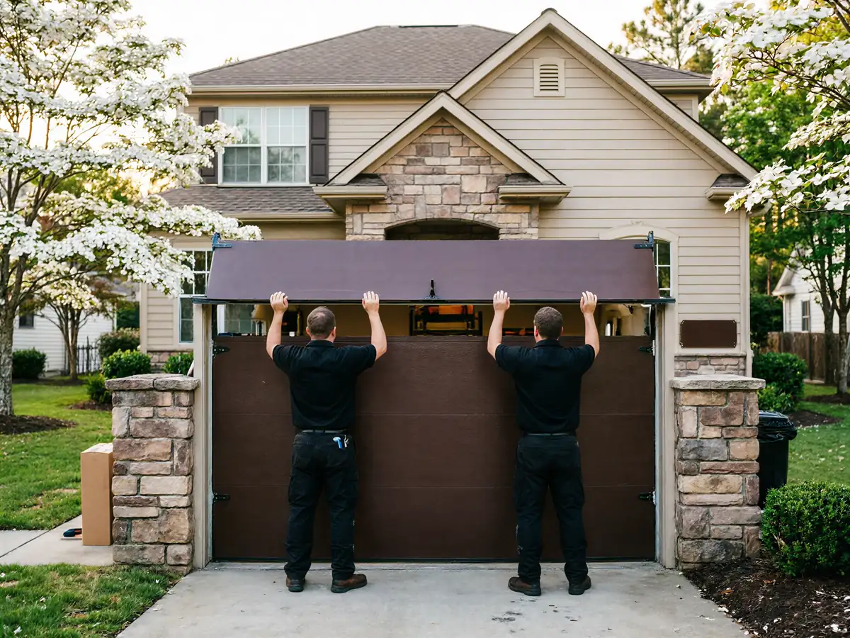 Two technicians install a brown garage door on a tan house.