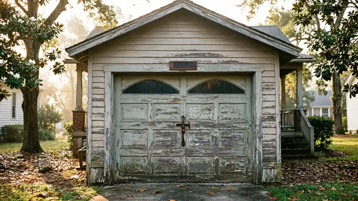 A weathered garage with a peeling light green garage door and a rusty handle.