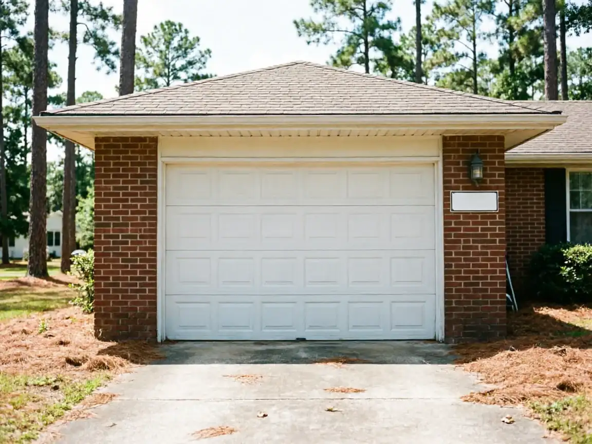 A white garage door is on a brick house with a brown roof.