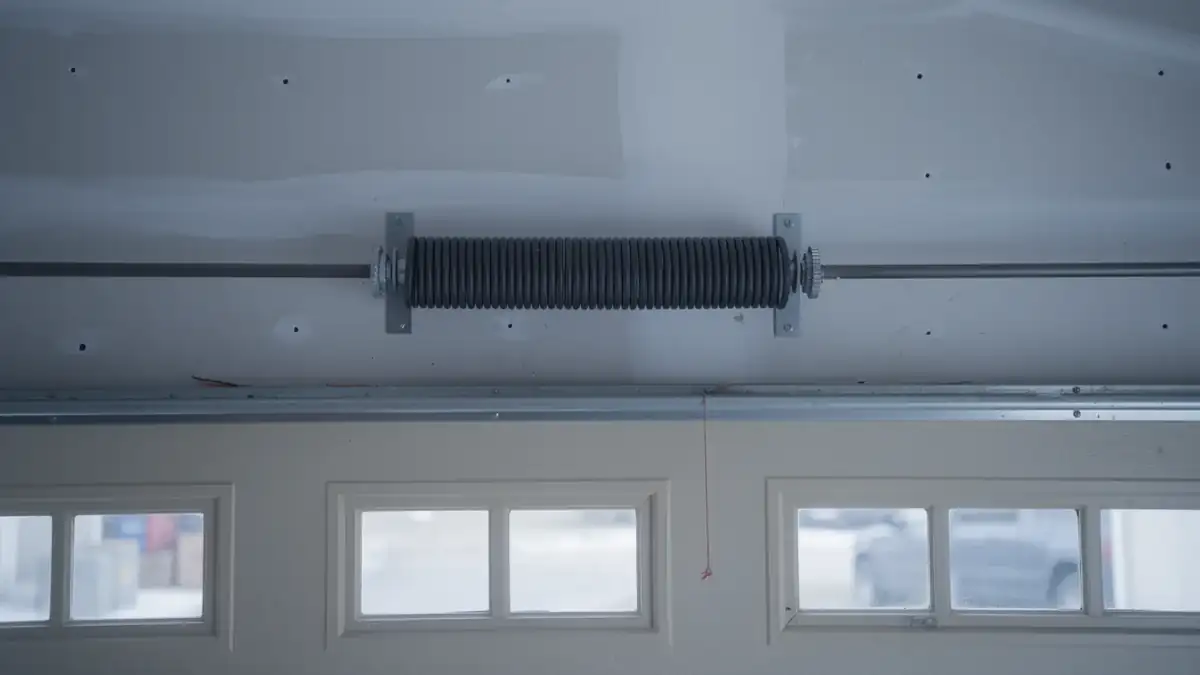 A torsion spring is mounted above a white garage door with windows.