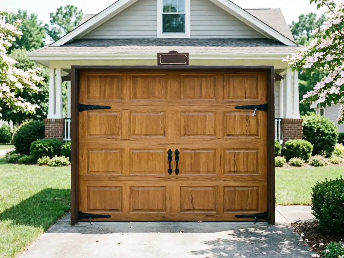 A light brown garage door with decorative black hardware is closed on a house.